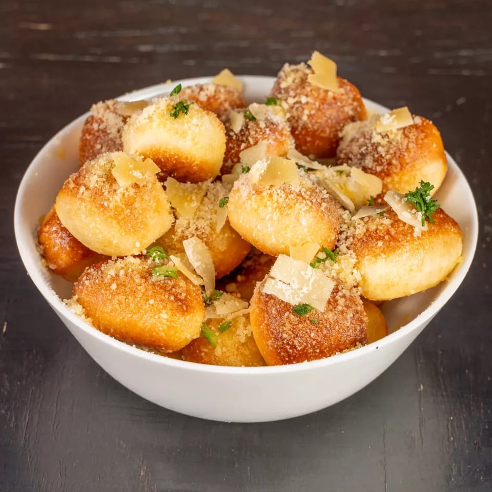 A white bowl filled with golden-brown garlic knots, topped with grated cheese, parmesan shavings, and parsley.